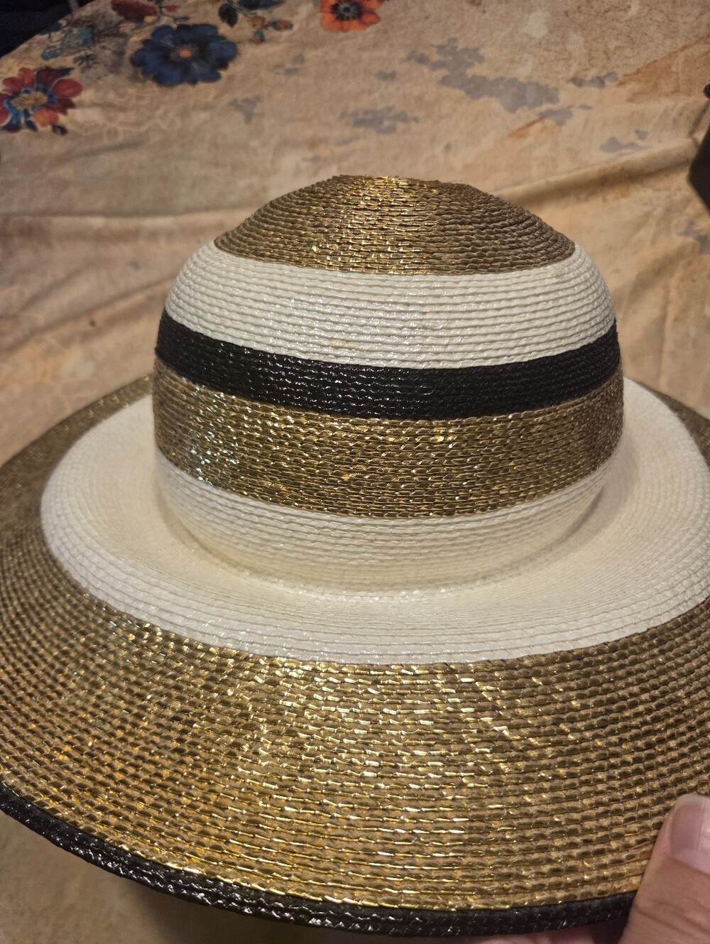 Vintage FRANK OLIVE Stylish Gold & White Straw Sun Hat with Black Band - Picture 3 of 7